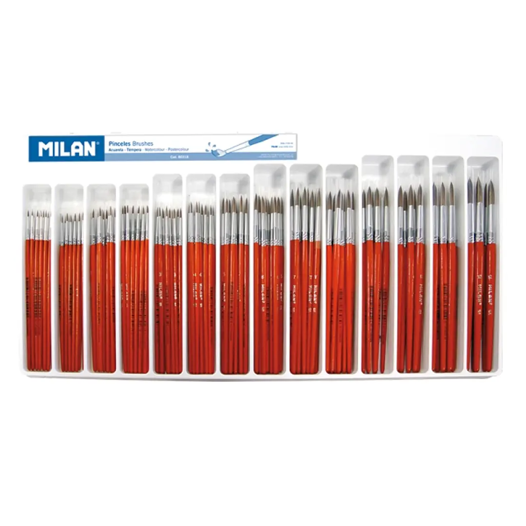 Milan 101 Pack de 144 Pinceles Escolares Redondos - Pelo de Cabra y Sintetico - Formatos Surtidos - Mango de Madera - Color Marron 1