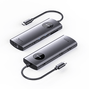 Vention Docking Station 9 en 1 USB-C a 2xHDMI/2xUSB3.0/USB 2.0/RJ45/SD/TF/PD 100W - 0.15m - Color Gris