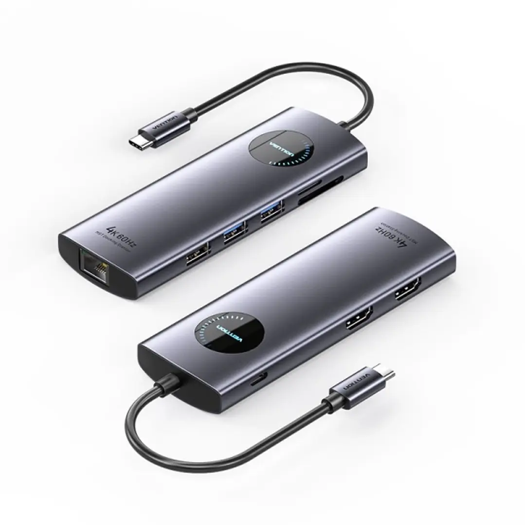 Vention Docking Station 9 en 1 USB-C a 2xHDMI/2xUSB3.0/USB 2.0/RJ45/SD/TF/PD 100W - 0.15m - Color Gris 1