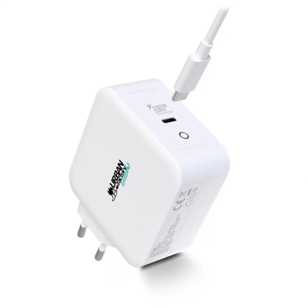 Urban Factory Cyclee Cargador de Pared USB-C GaN de 100W - Diseño Ecologico - Cable USB-C/USB-C de 2m - Color Blanco 1