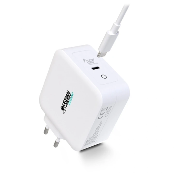 Urban Factory Cyclee Cargador de Pared USB-C GaN de 100W - Diseño Ecologico - Cable USB-C/USB-C de 2m - Color Blanco 1