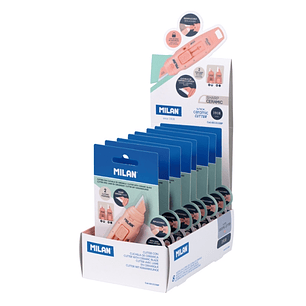 Milan Stick 1918 Expositor con 8 Blisters de Cuters - Hoja Ceramica Reemplazable - Bloqueo de Seguridad - Ergonomico - Color Rosa