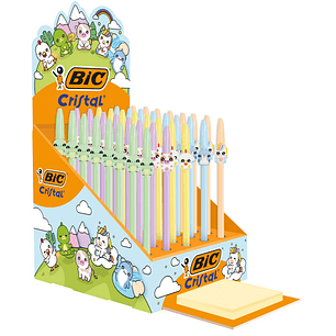 Bic Cristal Pastel Figurines Expositor con 40 Boligrafos de Bola - Cuerpo Opaco en Colores Pastel con Figuras de Animales - Punta Redonda de 1mm - Tra