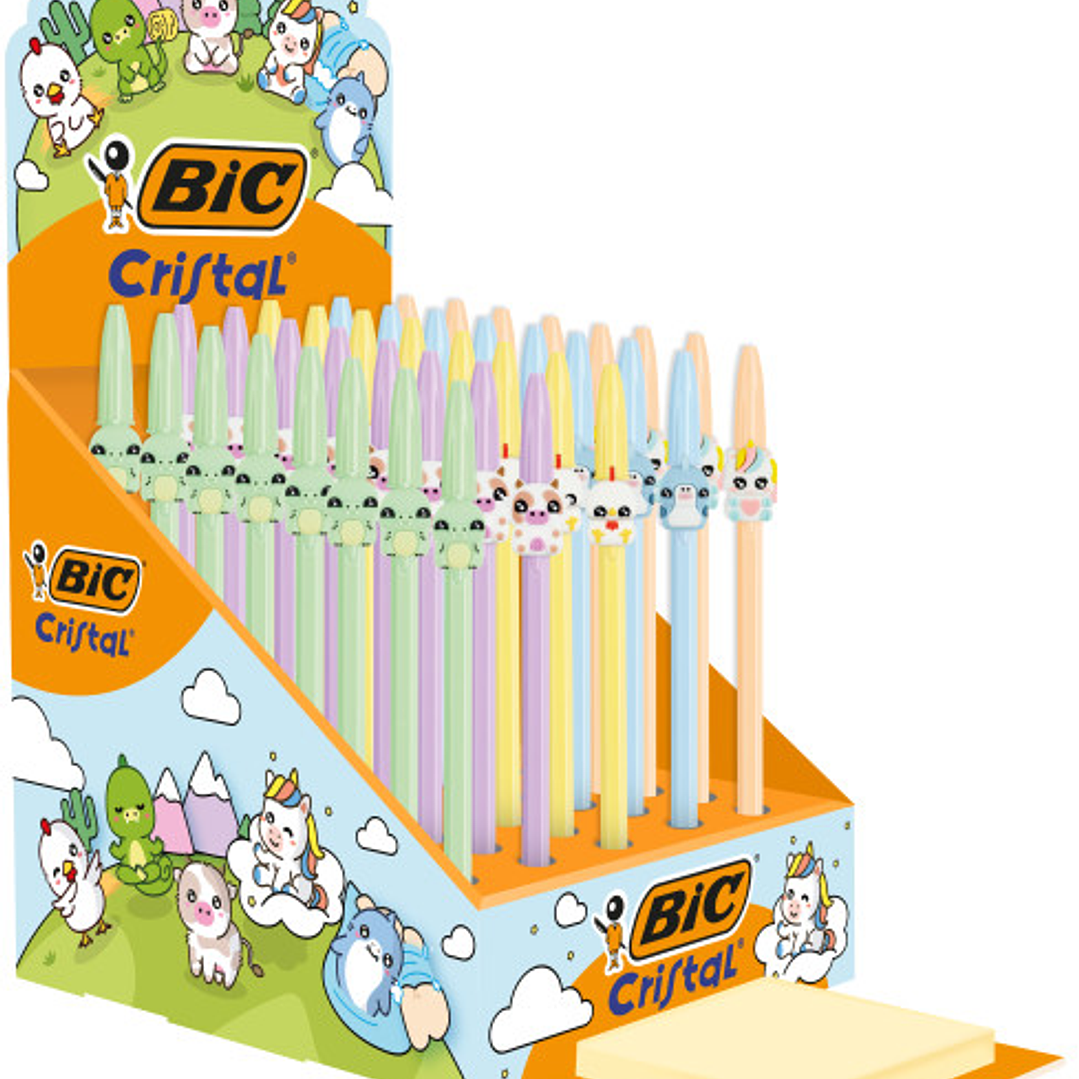 Bic Cristal Pastel Figurines Expositor con 40 Boligrafos de Bola - Cuerpo Opaco en Colores Pastel con Figuras de Animales - Punta Redonda de 1mm - Tra 1