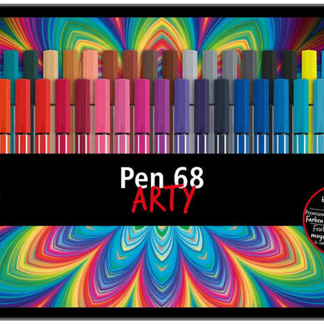 Stabilo Pen 68 Arty Caja Metalica de 50 Rotuladores - Punta de Fibra - Trazo de 1mm aprox. - Tinta a Base de Agua - Capuchon Ventilado - Colores Surti 1