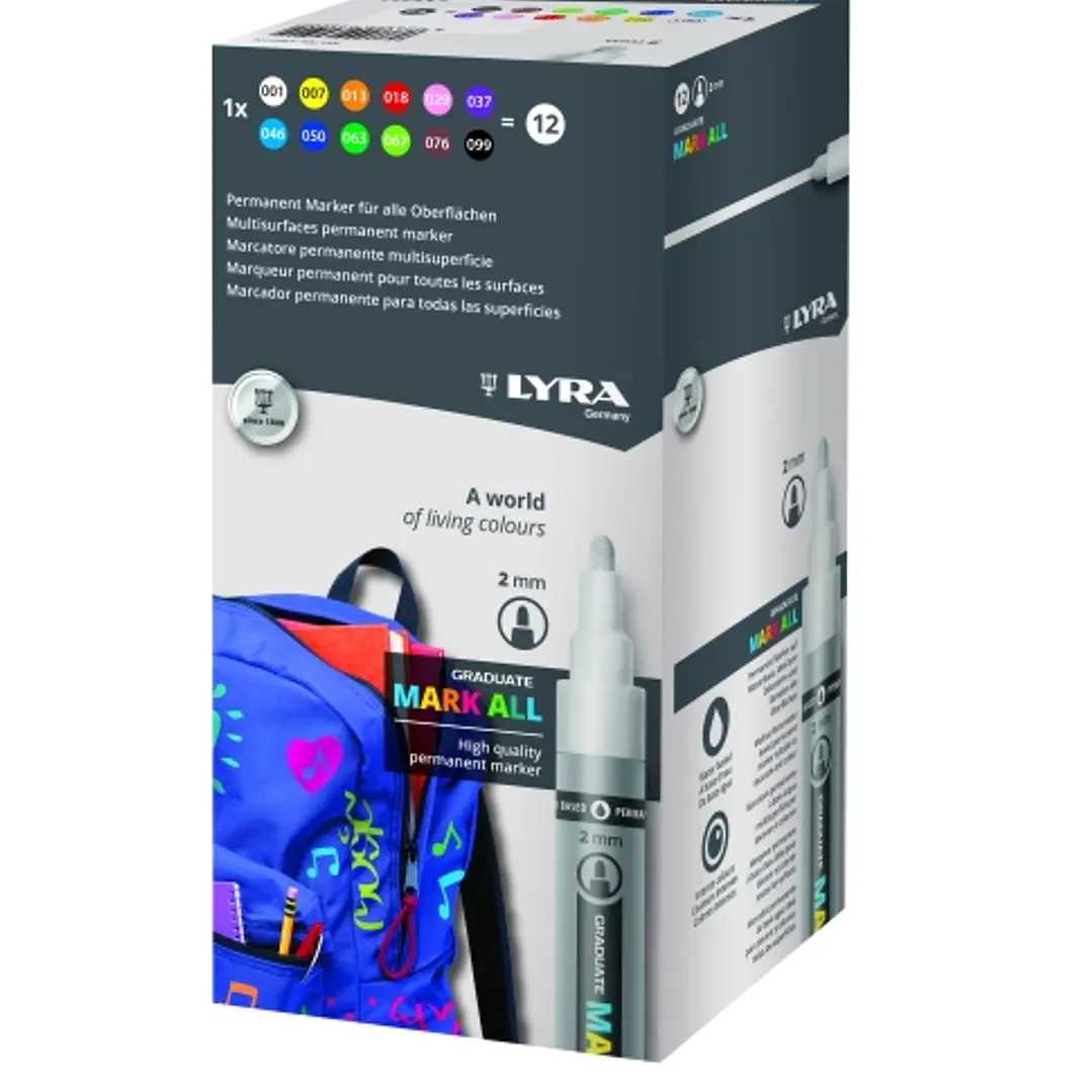 Lyra Mark All Pack de 12 Rotuladores Permanentes - Multisuperficie - Punta Redonda - 2mm - Colores Surtidos 1
