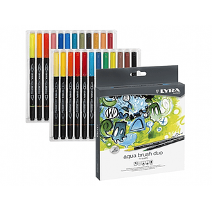 Lyra Aqua Brush Duo Pack 24 Rotuladores de Doble Punta - Punta Pincel 4mm, Punta Fina 2mm - Tinta Base de Agua - Colores Surtidos