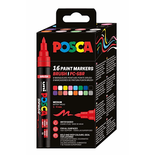 Posca PC-5BR Caja con 16 Marcadores de Pintura - Punta Brush 1-4mm - Tinta Base al Agua - Resistente a la Luz - No Permanente - Colores Surtidos