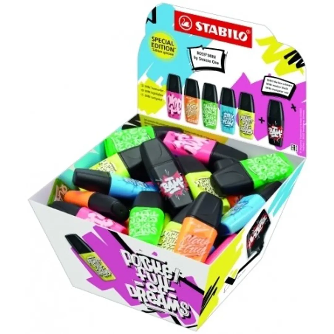 Stabilo Boss Mini by Snooze One Expositor con 50 Mini Marcadores Fluorescentes - Trazo entre 2 y 5mm - Tinta con Base de Agua - Antisecado - Colores S 1