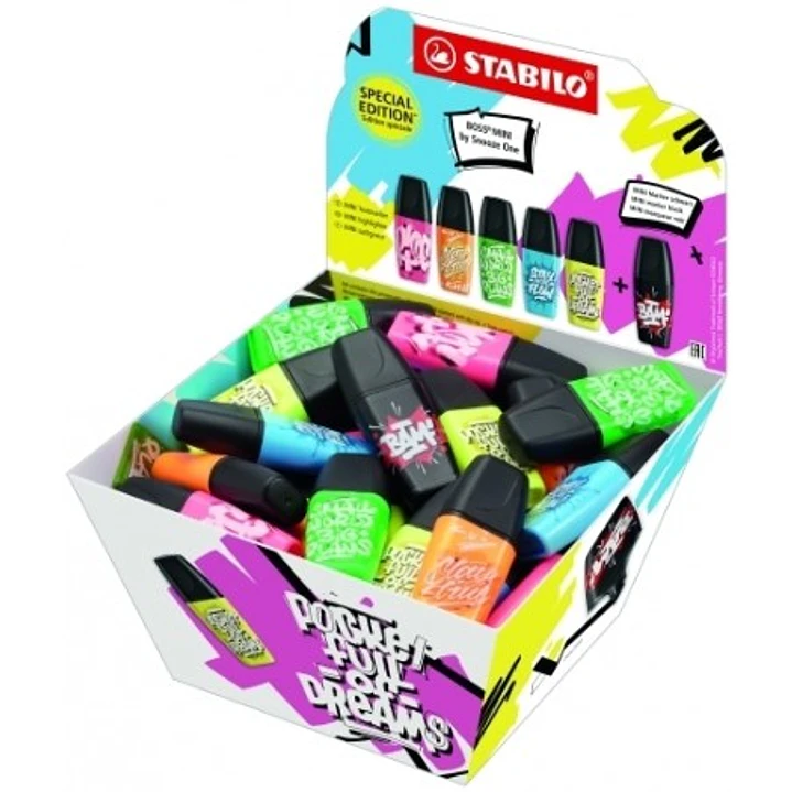 Stabilo Boss Mini by Snooze One Expositor con 50 Mini Marcadores Fluorescentes - Trazo entre 2 y 5mm - Tinta con Base de Agua - Antisecado - Colores S 1