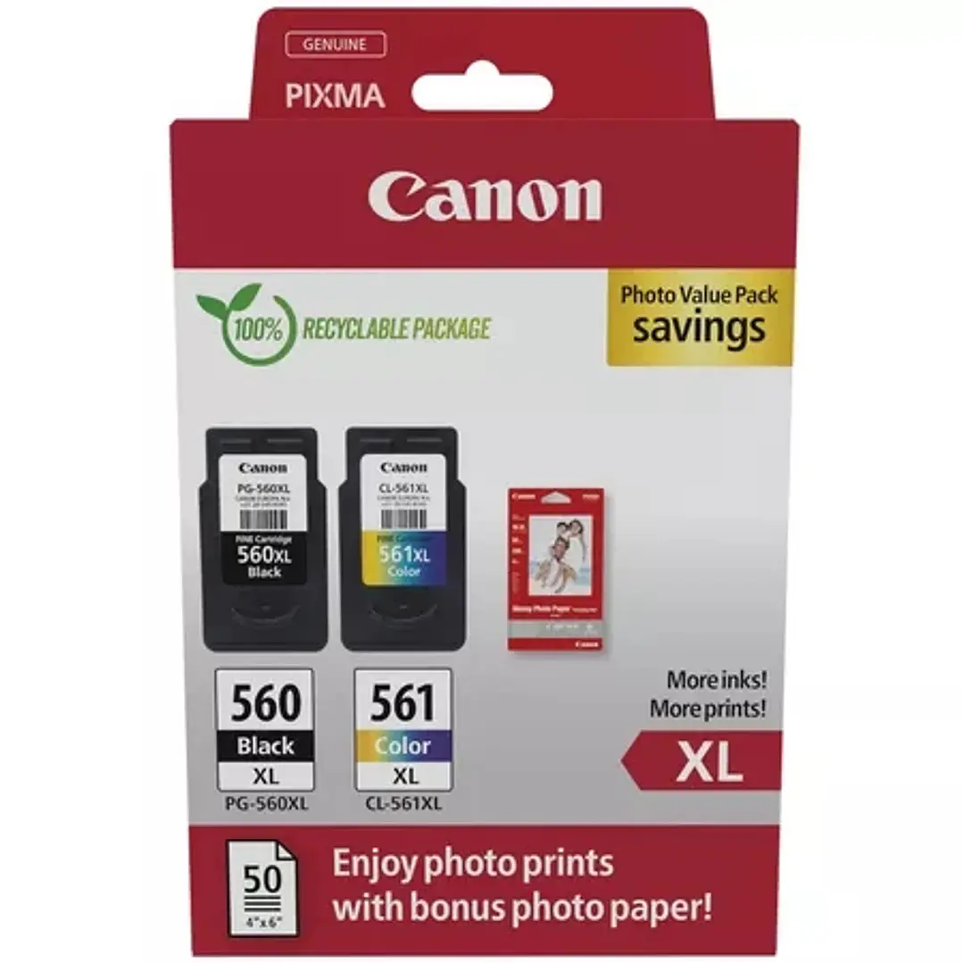 Canon PG560XL Negro + CL561XL Color Pack de 2 Cartuchos de Tinta Originales - 50 Hojas de Papel Fotografico - 3712C008/3712C004 1
