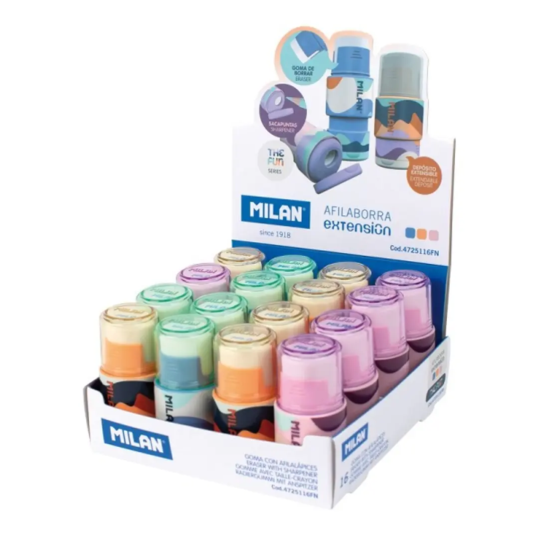 Milan Extension The Fun Expositor de 16 Afilaborras Extension con Goma de Borrar - Sacapuntas Con Deposito y Cuchilla de Seguridad - Colores Surtidos 1