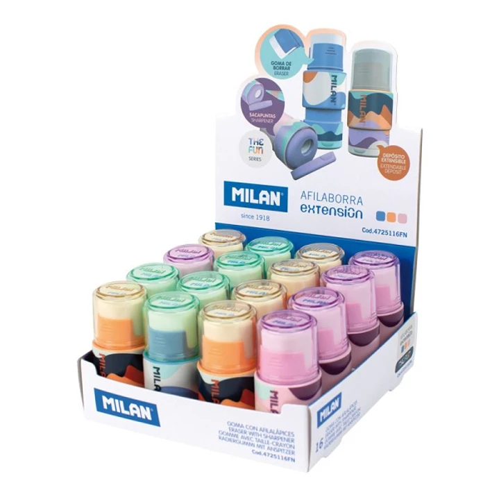 Milan Extension The Fun Expositor de 16 Afilaborras Extension con Goma de Borrar - Sacapuntas Con Deposito y Cuchilla de Seguridad - Colores Surtidos 1