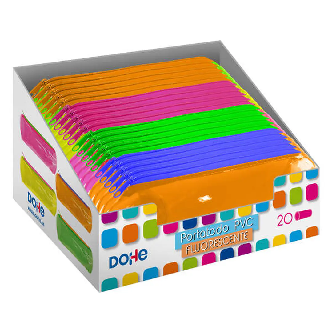 Dohe Expositor con 20 Portatodos Simples Redondos - Fabricados en PVC de 280 Micras Transparente Fluorescente - Cierre de Cremallera - Colores Surtido 1