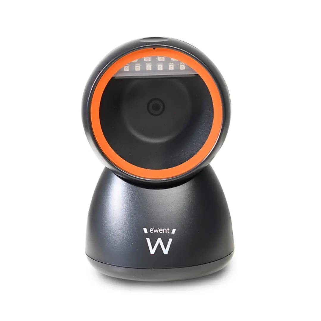 Ewent Lector de Codigos de Barras de Sobremesa - 1D 2D QR - Manos Libres - Resistente a Caidas - Plug and Play - Color Negro/Naranja 1
