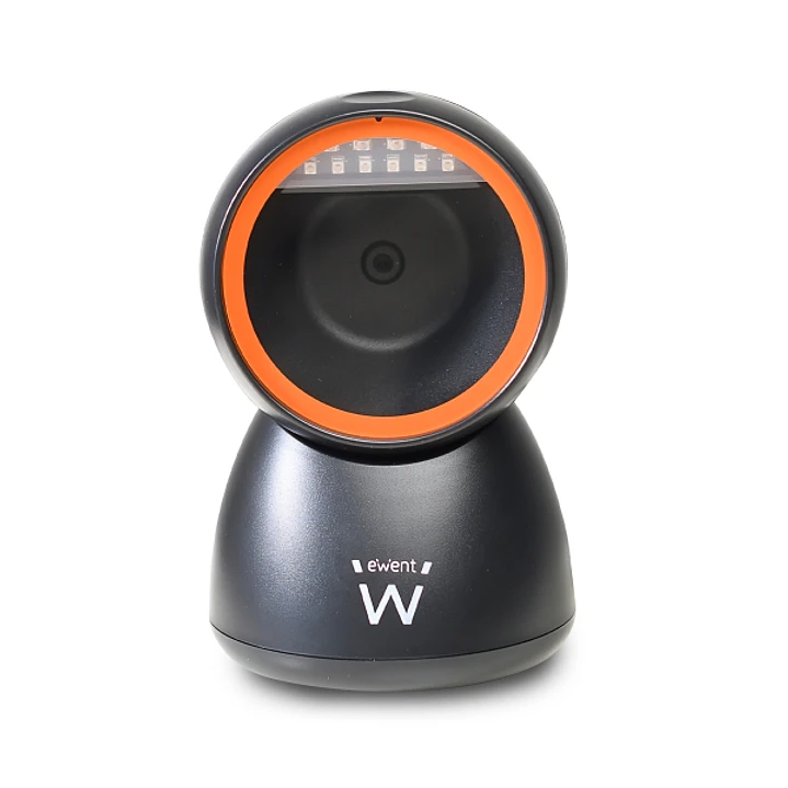 Ewent Lector de Codigos de Barras de Sobremesa - 1D 2D QR - Manos Libres - Resistente a Caidas - Plug and Play - Color Negro/Naranja 1