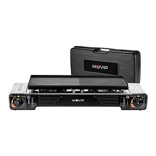 Muvip Cocina de Gas Portatil 2 Fuegos - Doble Bombona - Encendido Automatico - Quemador de Aluminio - Valvula de Doble Sellado - Proteccion Contra Sob