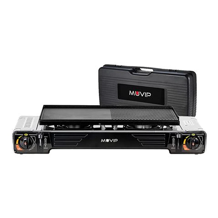 Muvip Cocina de Gas Portatil 2 Fuegos - Doble Bombona - Encendido Automatico - Quemador de Aluminio - Valvula de Doble Sellado - Proteccion Contra Sob 1
