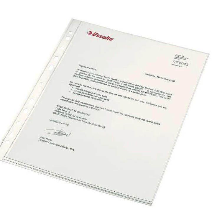 Esselte Pack de 100 Fundas Multitaladro Portadocumentos PP - Formato A4 - Calidad Luxe Cristal Liso Extra - 11 Taladros - Transparente 1