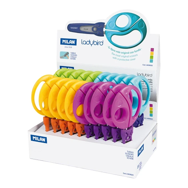 Milan Ladybird Expositor con 20 Tijeras con Funda - Mango Ergonomico - Punta Redondeada - Acero Inoxidable de 15cm - Colores Surtidos 1