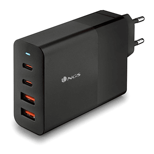 NGS Bud 100W Cargador GaN Universal de Pared 100W Ultrarapido - 2x USB-C PD & PPS, 2x USB-A QC 3.0 - Color Negro