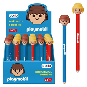 Dohe Playmobil Expositor de 24 Boligrafos Borrables - Punta Bola Metalica 1mm - Trazo 0.5mm - Capuchon Decorado con Muñecos Playmobil - Tinta Azul