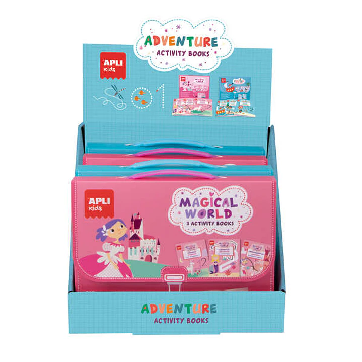 Apli Expositor Activity Books de 6 Unidades - 2 Tematicas: el Mundo Magico y Piratas - 3 Libros con Hojas Plastificadas y Actividades Variadas - Rotul 1