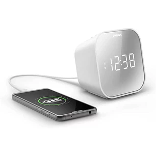 Philips Radio Reloj Despertador FM con Cargador USB - Pantalla LED con Acabado Espejo - Temporizador - Funcion de Repeticion - 11x11x7.5cm - Color Bla