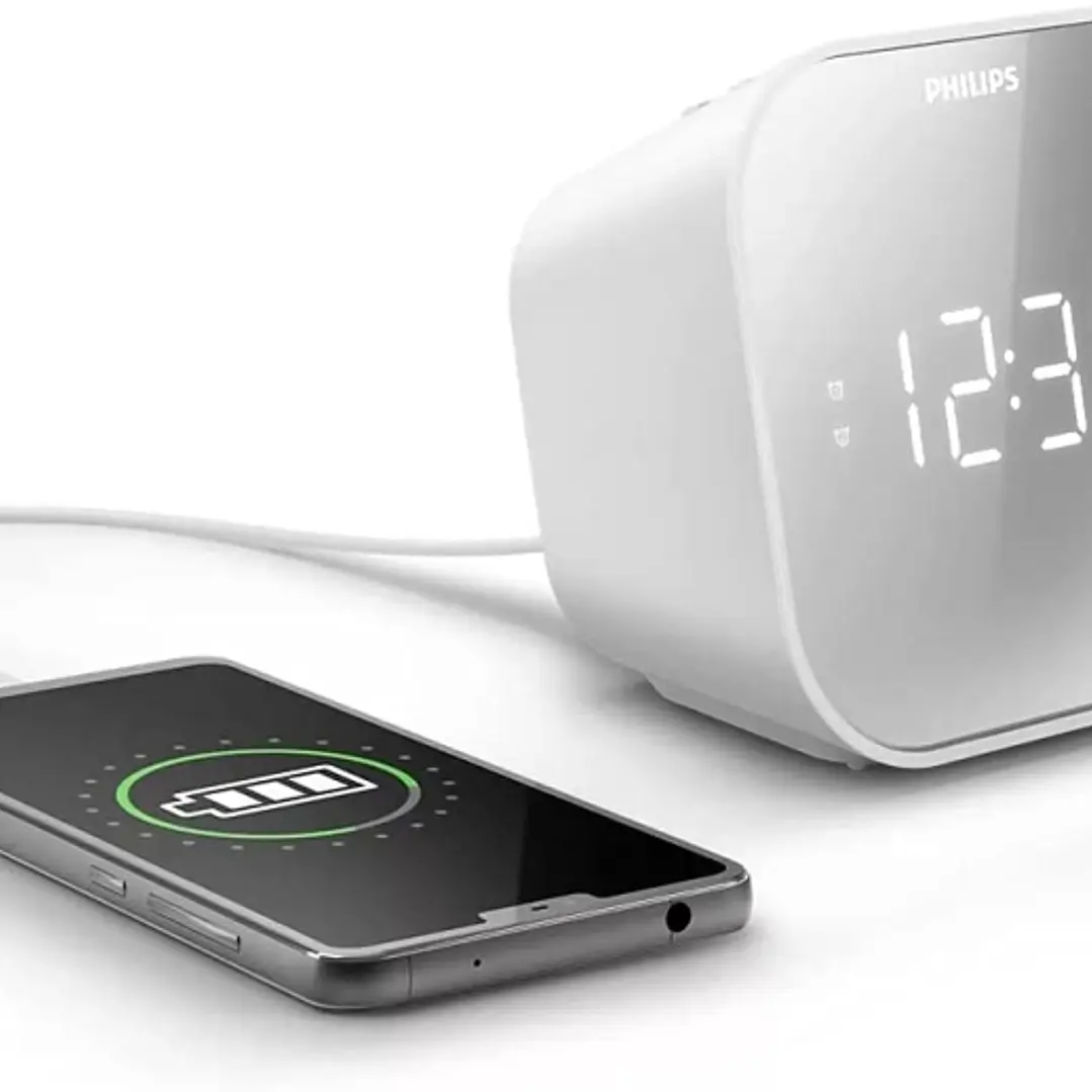 Philips Radio Reloj Despertador FM con Cargador USB - Pantalla LED con Acabado Espejo - Temporizador - Funcion de Repeticion - 11x11x7.5cm - Color Bla 1