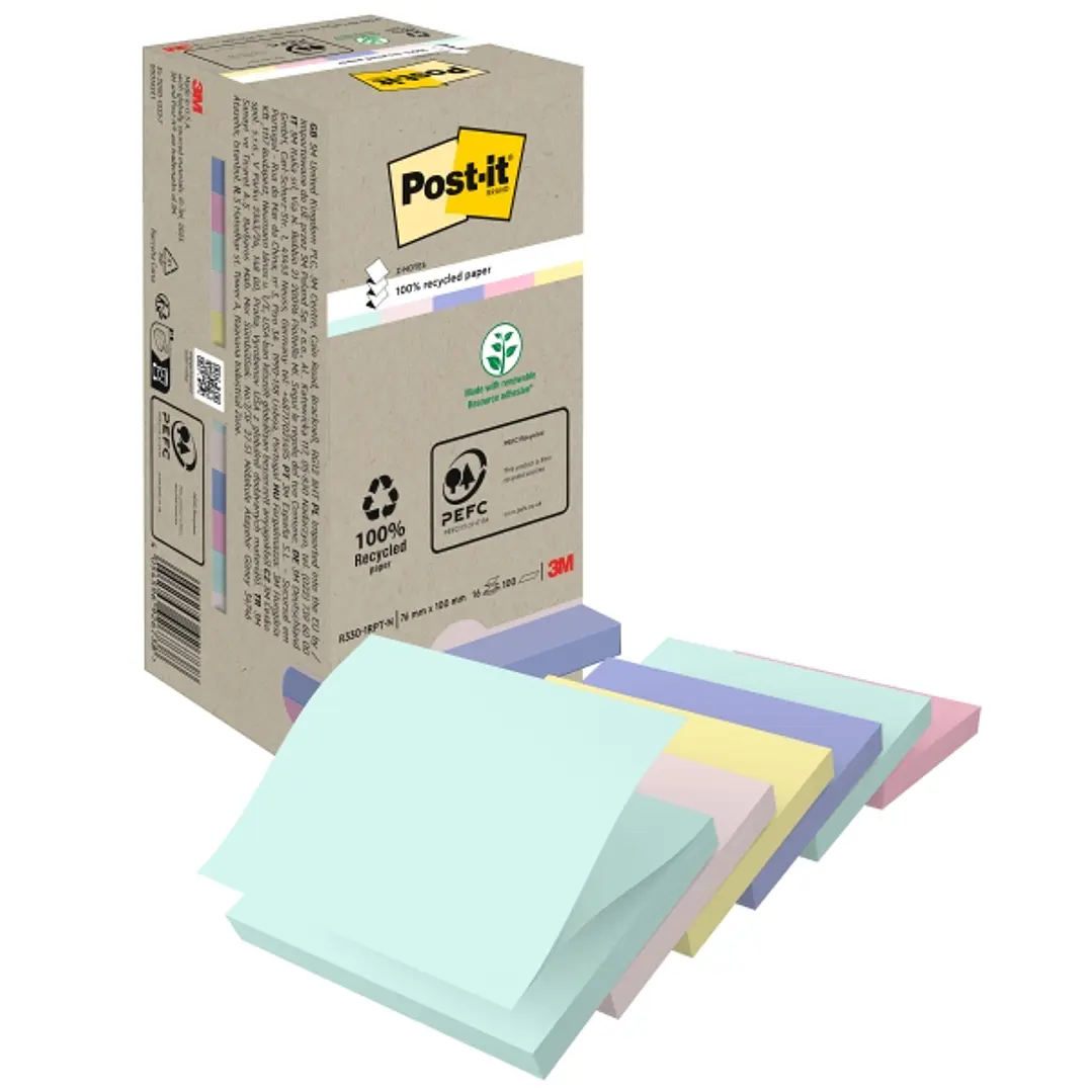 Post-It Pack de 16 Blocs de 100 Z-Notas Adhesivas Recicladas - Forma Cuadrada - 76x76mm - Colores Surtidos 1