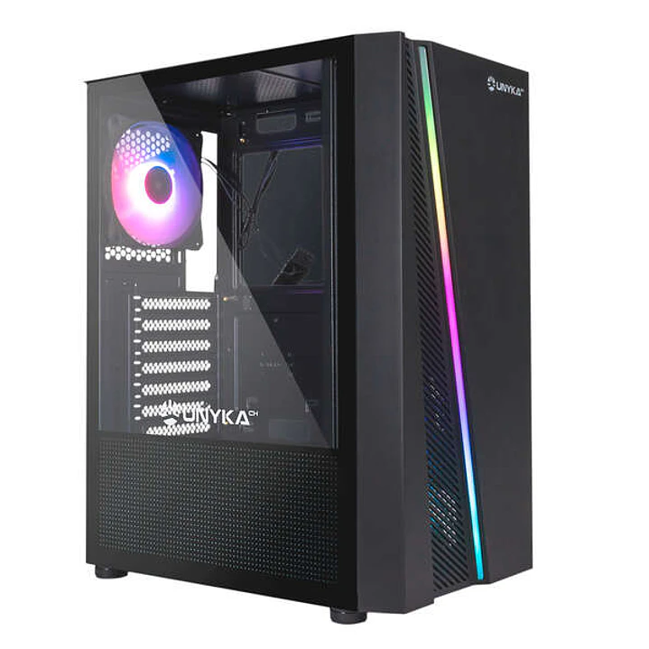 Unykach Glayze Caja Torre ATX - Iluminacion ARGB - Lateral Cristal Templado - USB-A 2.0/3.2 y Audio - 1 Ventilador 120mm RGB Instalado - Color Negro 1