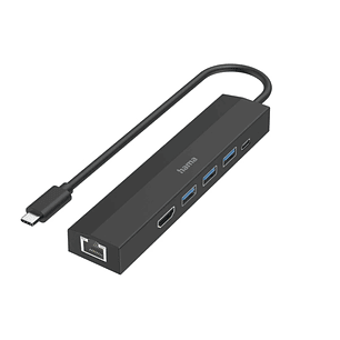 Hama Entry Hub USB 3.2 - Potencia Maxima 100W - Cable USB-C Integrado de 15cm - LAN Ethernet 1Gbps - HDMI 4K - 3x USB-A - USB-C - Power Delivery - Col