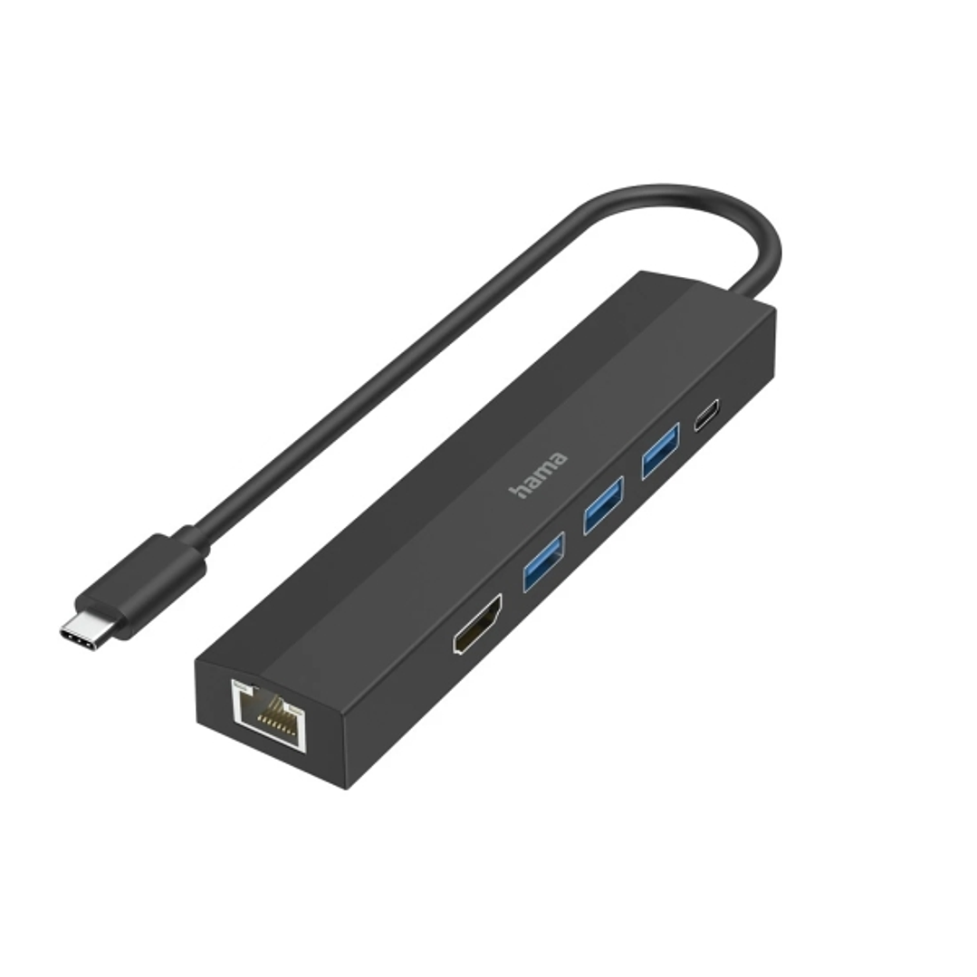Hama Entry Hub USB 3.2 - Potencia Maxima 100W - Cable USB-C Integrado de 15cm - LAN Ethernet 1Gbps - HDMI 4K - 3x USB-A - USB-C - Power Delivery - Col 1