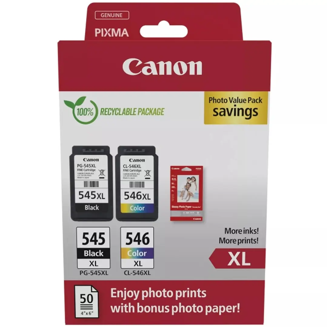 Canon PG545XL Negro + CL546XL Color Pack de 2 Cartuchos de Tinta Originales + 50 Hojas de Papel Fotografico - 8286B011/8286B006 1