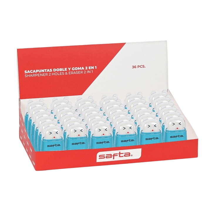 Safta Expositor con 36 Afilaborras - Doble Funcion de Sacapuntas y Goma - Tapa Protectora de Plastico - Deposito para Virutas - Colores Surtidos 1