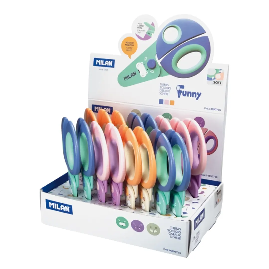 Milan Funny Expositor con 16 Tijeras - Punta Redondeada para Infantil - Hojas de Plastico de Seguridad - Colores Surtidos 1