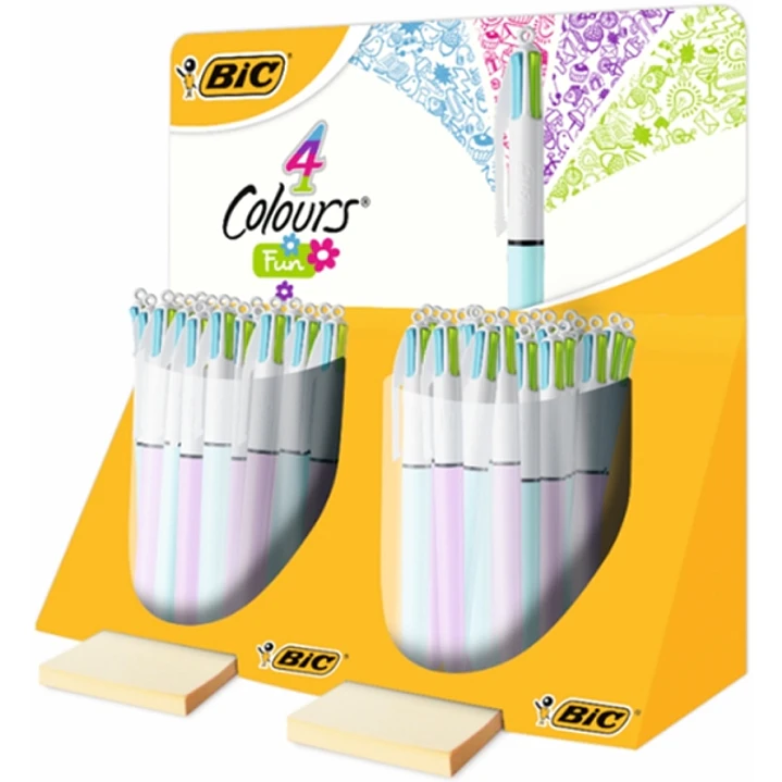 Bic 4 Colours Fun Expositor con 40 Boligrafos de Bola Retractil - Punta Media de 1.0mm - Tinta con Base de Aceite - Tinta de Colores: Rosa, Morado, Tu 1