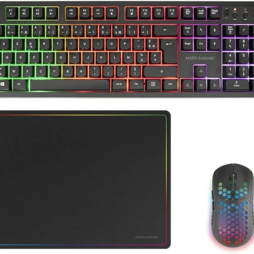 Mars Gaming MCPWX Combo Pack Gaming 3en1 - Teclado Hibrido H-Mech - Disposicion Francesa AZERTY FR - Raton 3200dpi - Switches HUANO - Color Negro 1