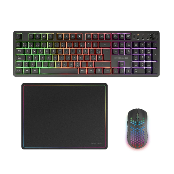 Mars Gaming MCPWX Combo Pack Gaming 3en1 - Teclado Hibrido H-Mech - Disposicion QWERTY ES - Raton 3200dpi - Switches HUANO - Color Negro 1