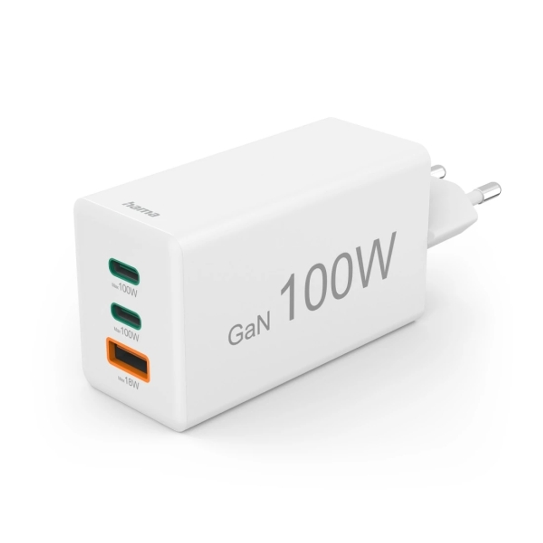 Hama Cargador de Pared - Potencia 100W - 2x USB-C - USB-A - Power Delivery - Qualcomm - GaN - Color Blanco 1