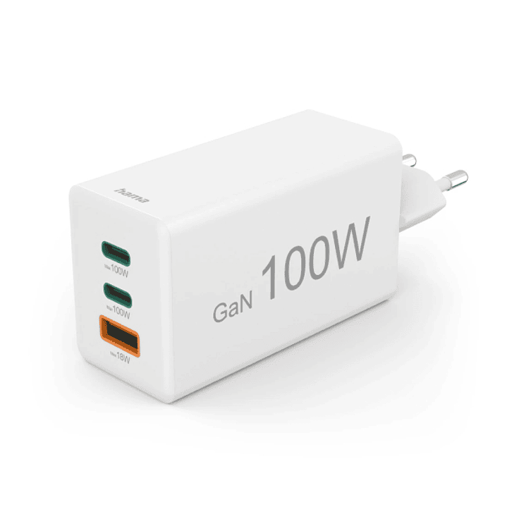 Hama Cargador de Pared - Potencia 100W - 2x USB-C - USB-A - Power Delivery - Qualcomm - GaN - Color Blanco 1