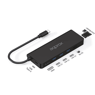 Approx 8 en 1 Hub USB-C con 3x USB-A 3.0 - 1x HDMI - 1x RJ-45 - 1x USB-C PD - Lector microSD y Lector SD - Cable de 18cm