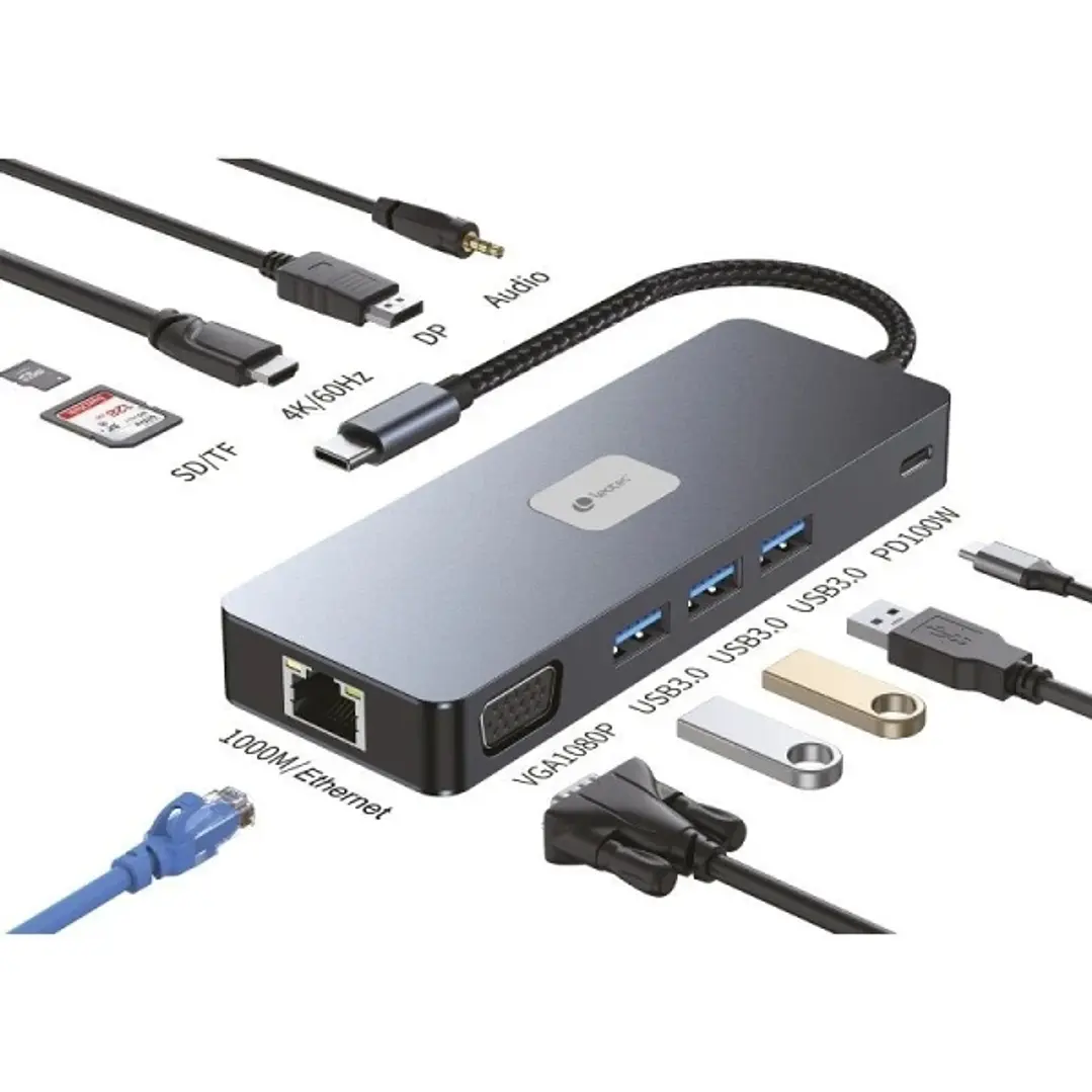Leotec Adaptador 11 en 1 Plus USB-C a 1xDisplayPort, 1xHDMI, 1xVGA, 1xRJ45, 3xUSB-A 3.2, 1xUSB-C PD, 1xTF+1xSD, 1x Audio - Color Gris 1