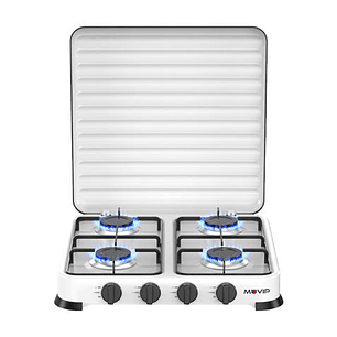 Muvip Vulcano Cocina de Gas con 4 Fuegos - Tapa Protectora - Patas de Goma - Superficie Esmaltada - Quemador Extraible - 47.8x47.8x60cm - Color Blanco