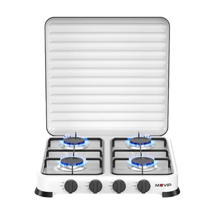 Muvip Vulcano Cocina de Gas con 4 Fuegos - Tapa Protectora - Patas de Goma - Superficie Esmaltada - Quemador Extraible - 47.8x47.8x60cm - Color Blanco 1