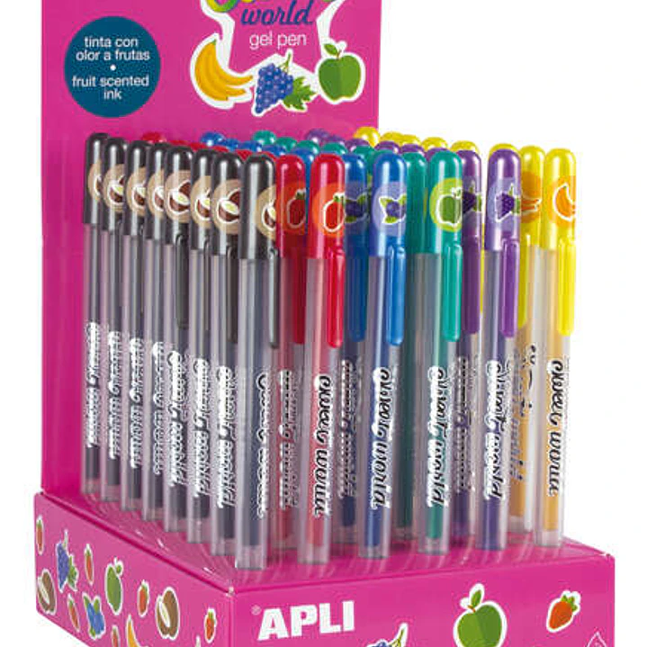 Apli Sweet World Gel Pen Expositor - 48 Boligrafos de Tinta Gel con Aroma a Frutas - 8 Colores Surtidos - 1mm de Grosor de Escritura - Resistentes y d 1