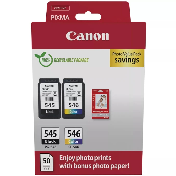 Canon PG545 Negro + CL546 Color Pack de Cartuchos de Tinta Originales + 50 Hojas de Papel Fotografico - 8287B008/8287B006/8287B005 1