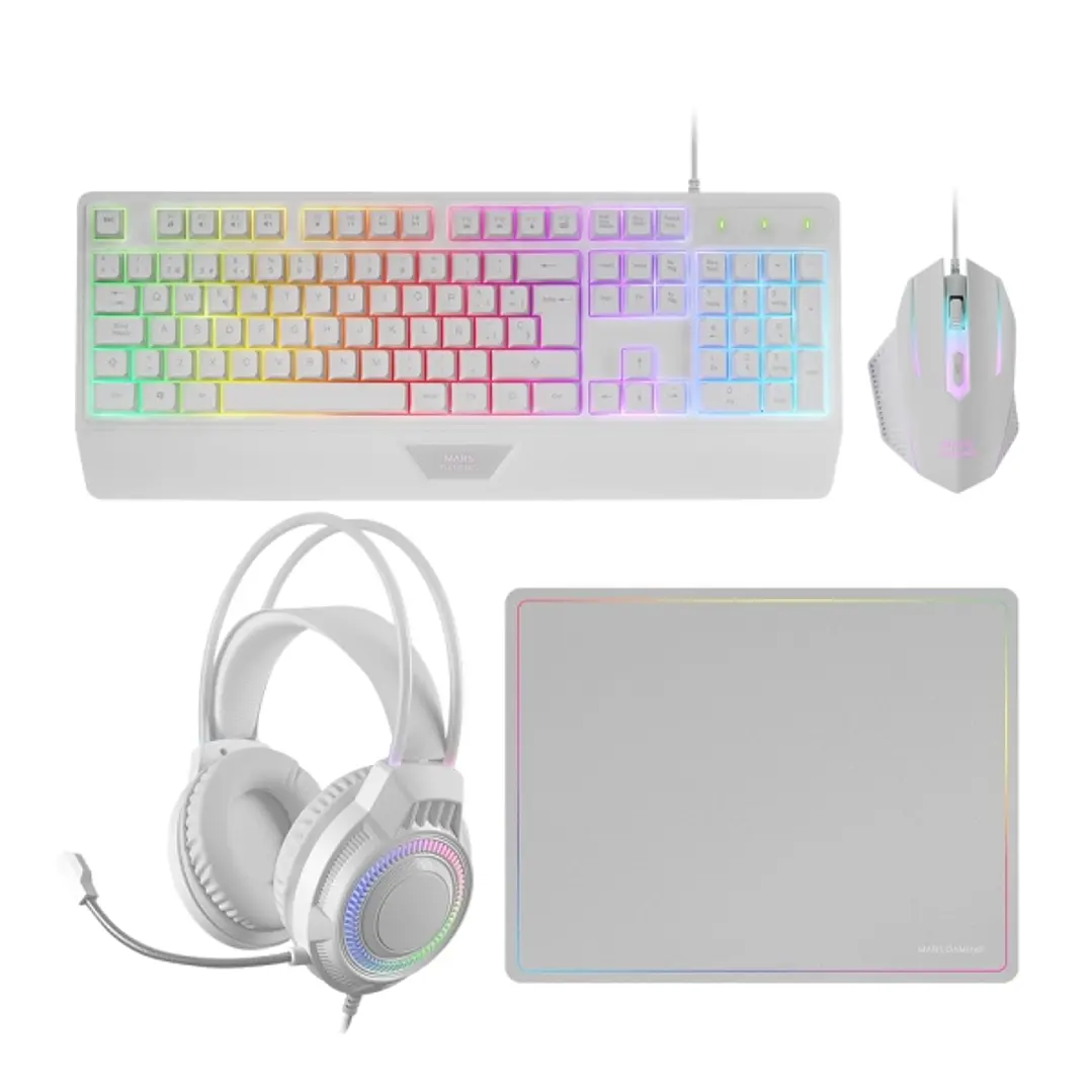 Mars Gaming MCP124PRO Combo Pack Gaming 4en1 - Teclado Hibrido H-Mech - Disposicion Francesa AZERTY FR - Raton 3200dpi - Alfombrilla Nanotextil - Colo 1