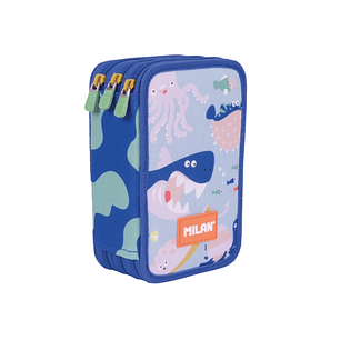 Milan Blue Odyssey Plumier de 3 Pisos con Goma de Borrar - Sacapuntas - Lapiz - 3 Boligrafos - Regla - 12 Lapices de Colores - 6 Lapices de Colores Me