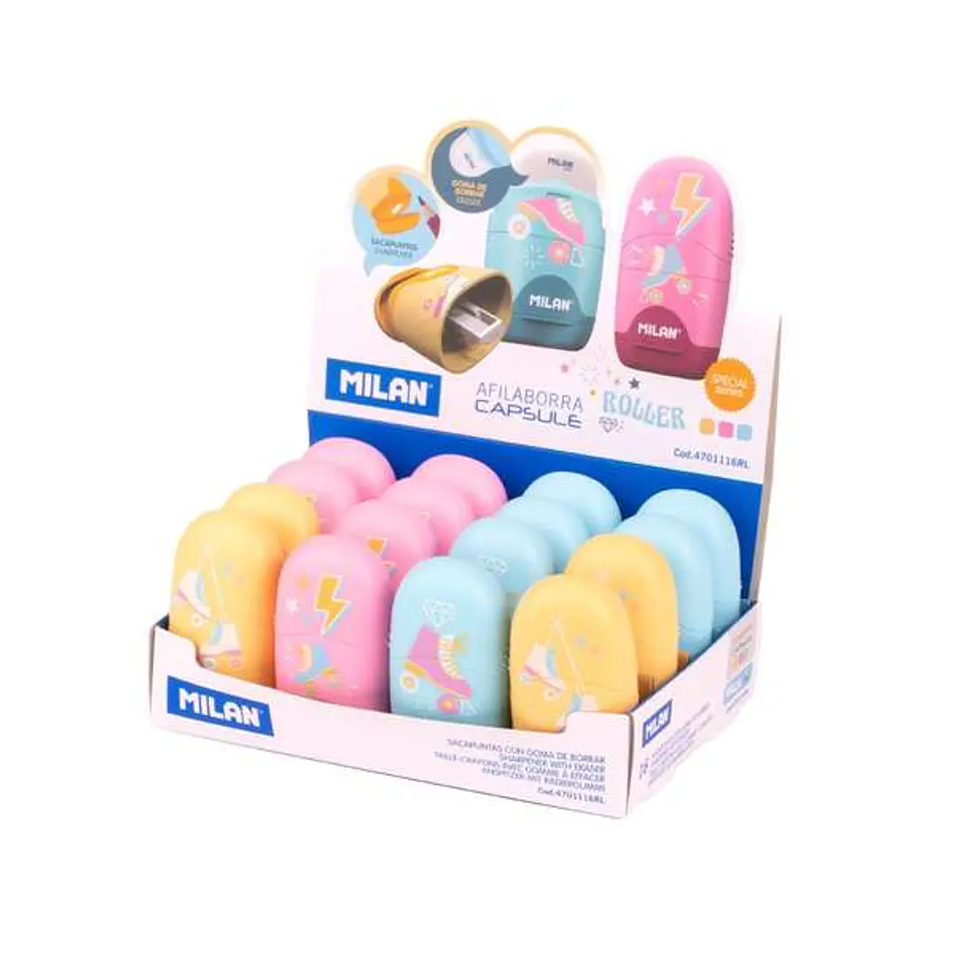Milan Capsule Roller Expositor de 16 Afilaborras Capsule con Goma de Borrar - Cuchilla de Seguridad - Colores Azul, Rosa y Amarillo 1